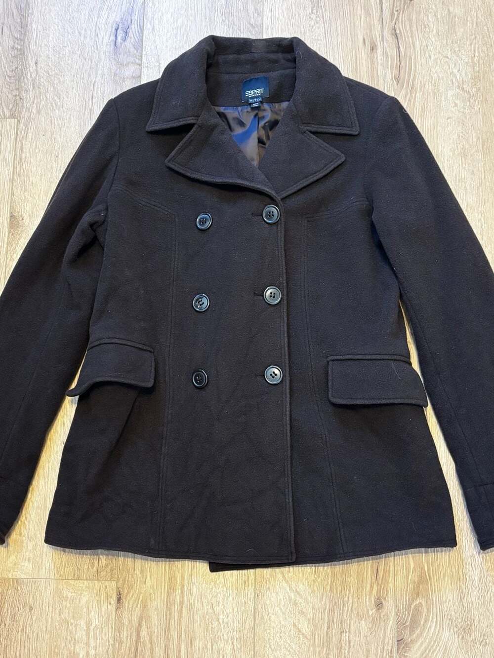 Esprit Outerwear Wool Pea Coat Size L Dark Brown Double Breasted